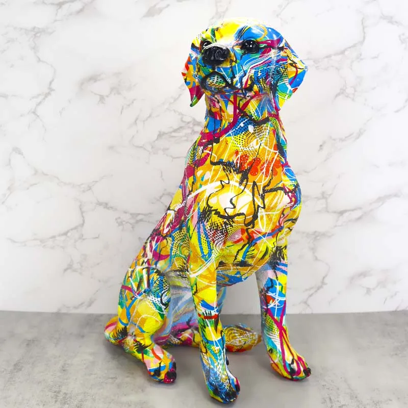 Creative Water Transfer Printing Artwork Colorful Labrador Dog Statue Sitting Resin Large Dog Statue