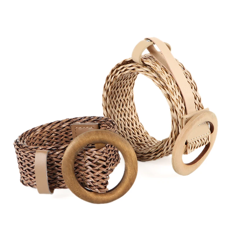 High quality Women Bohemian Elastic Braided Belt Fashion Female Summer Dress Jeans Wood Buckle Belts