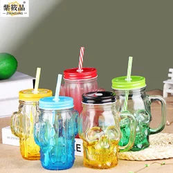 Wholesale 500ml transparent square skeleton glass with handle cock cup with handle straw Mugs With Straws