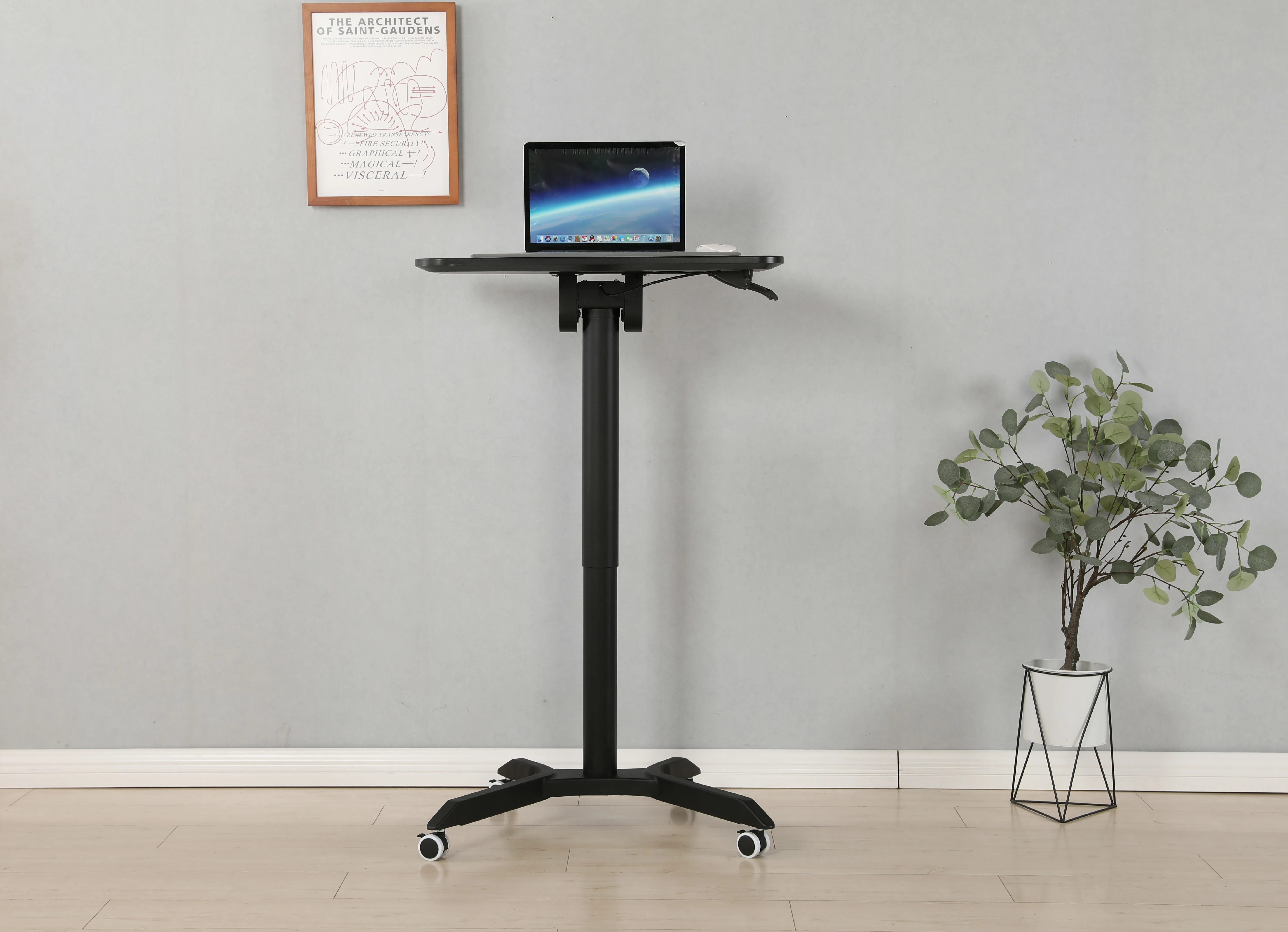 Pneumatic gas lifting height adjustable office work moving overbed table mobile standing desk with flip angle 0-90