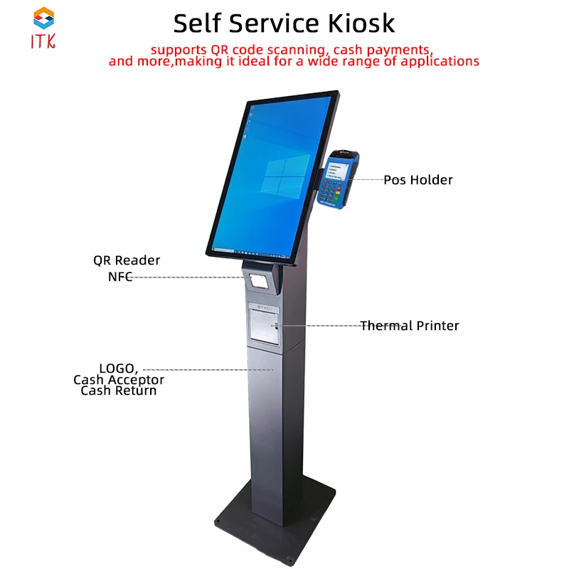 Touch Screen Self Payment Kiosk for Restaurants with QR Scanner and Cash Payment
