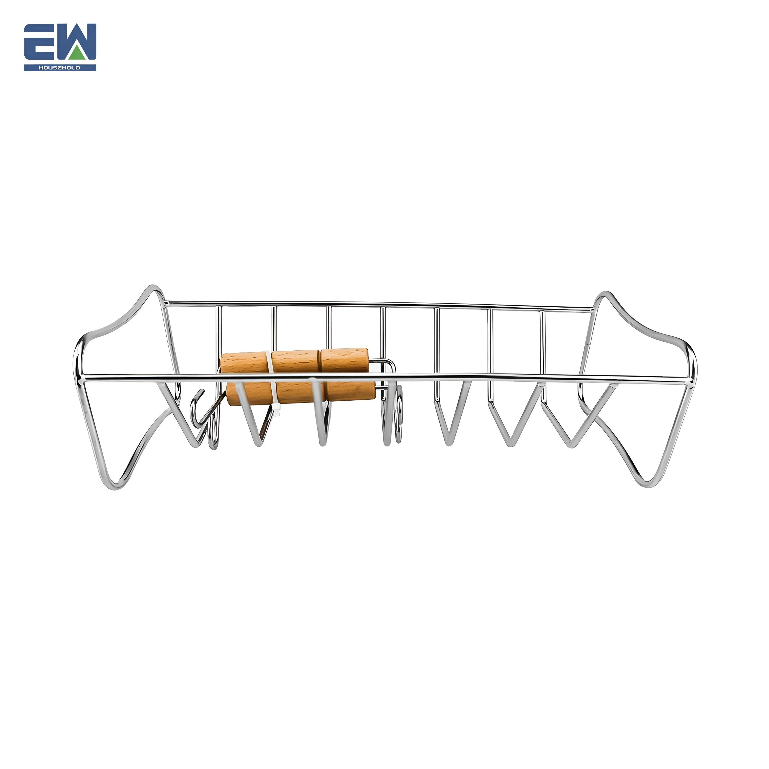 High Quality Stainless Steel Spareribs and Roast Holder with 2 Separate Beech Wood Handle Hooks for Outdoor BBQ Grill Baking