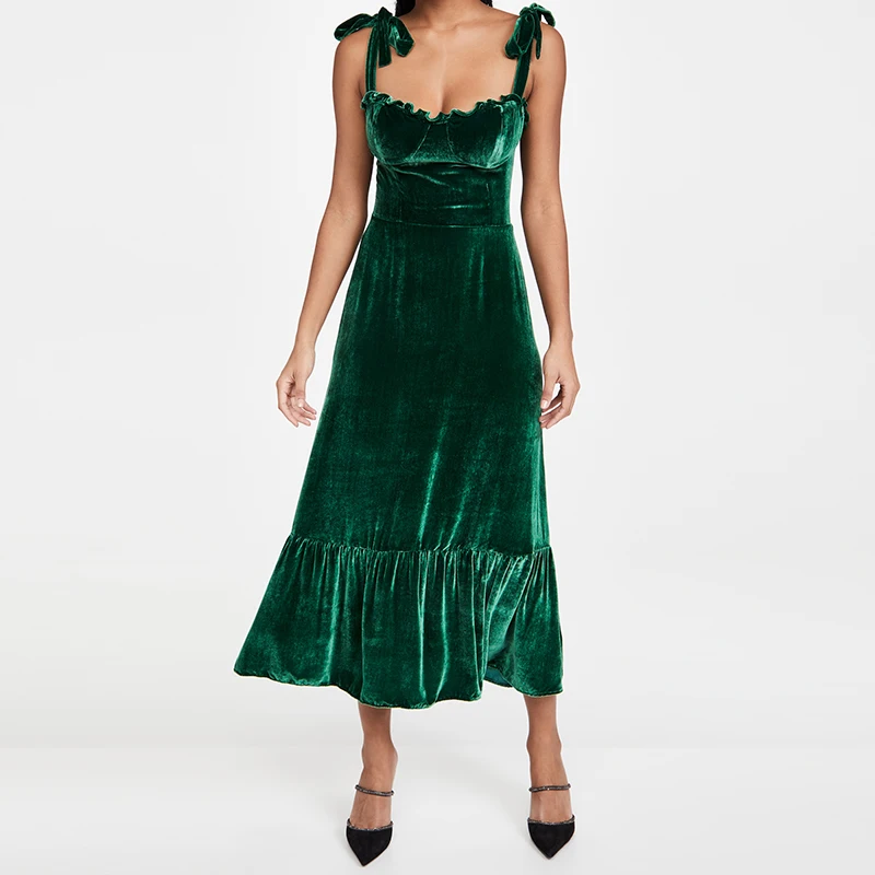 Adjustable Shoulder Ties Ruffled Sweetheart Neckline and Hem Unlined Dress Fashion Emerald Mid-weight Non-stretch Velvet Women