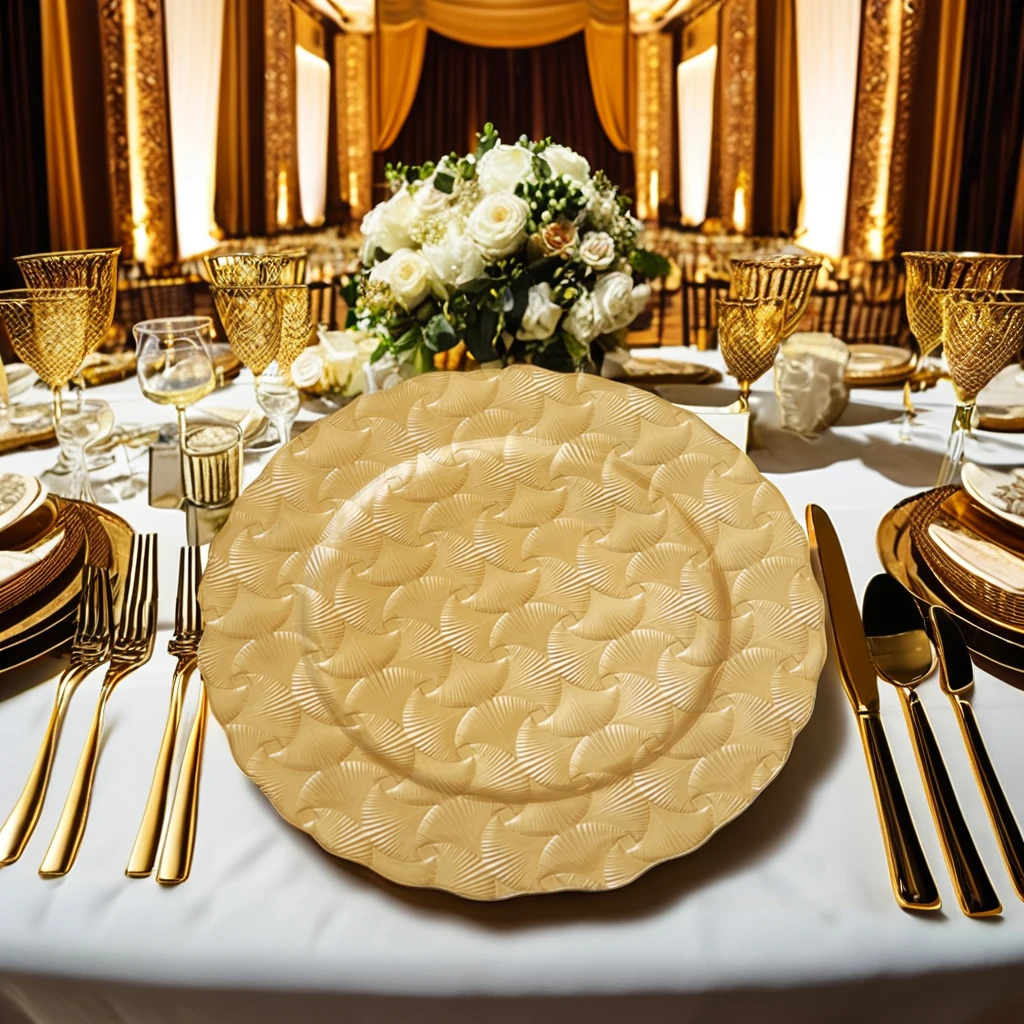 XiangJin Wholesale round Plastic Charger Plates Gold Wedding Table Decoration PP Dinner Dishes for Home Use