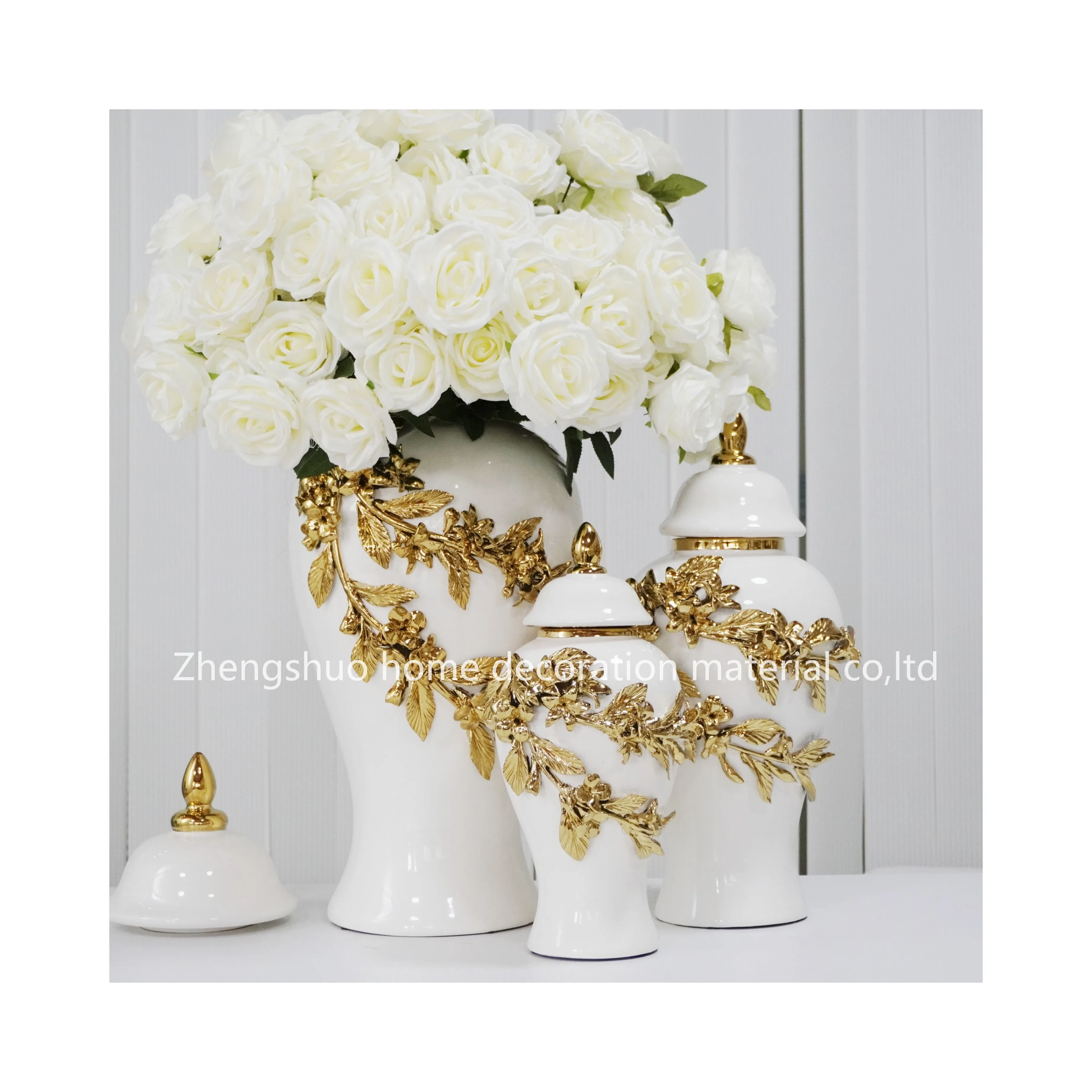 2024 New Patented ginger jars ceramic vase  Wedding  flower vase  White with leaf Ginger Jar for Home Wedding Decoration