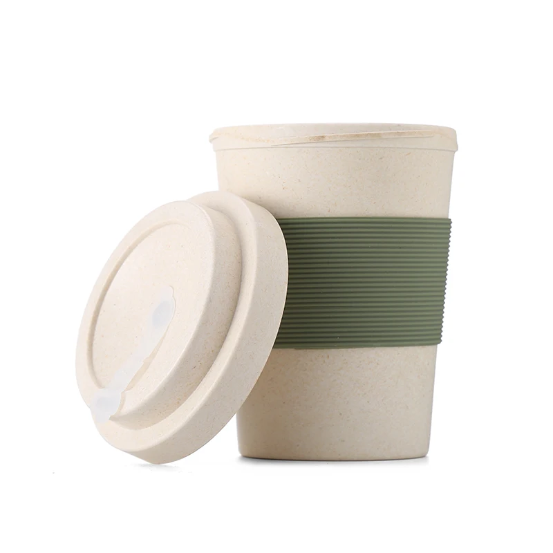 Promotional Reusable 350ML Bamboo Fiber Coffee Cup Custom Biodegradable Wheat Straw Plastic Keep Coffee Mug Take it to go
