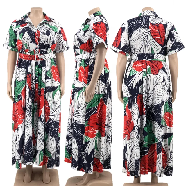 New Arrival Color Print Casual Cape Ladies Long Cardigan Short Sleeve Long Shirt Maxi Dress Plus Size Women Dress with Belt