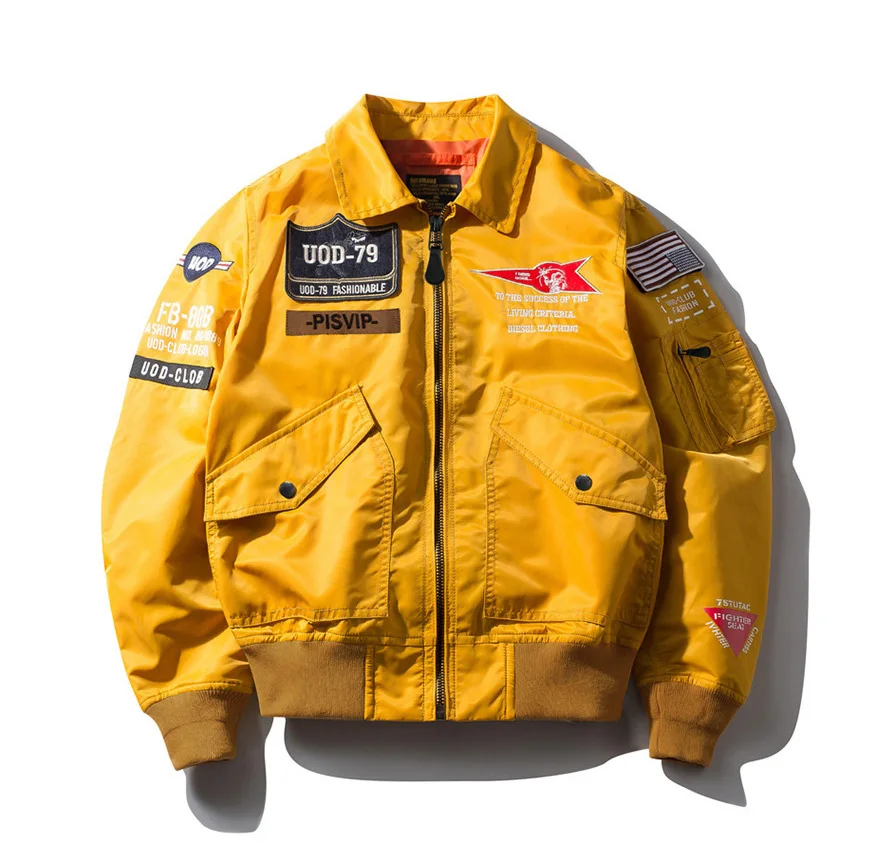 Bomber Jacket Men Jackets 2021 Fashionable Mens for Men Custom Logo High Quality Yellow Stand Casual Polyester OEM Service