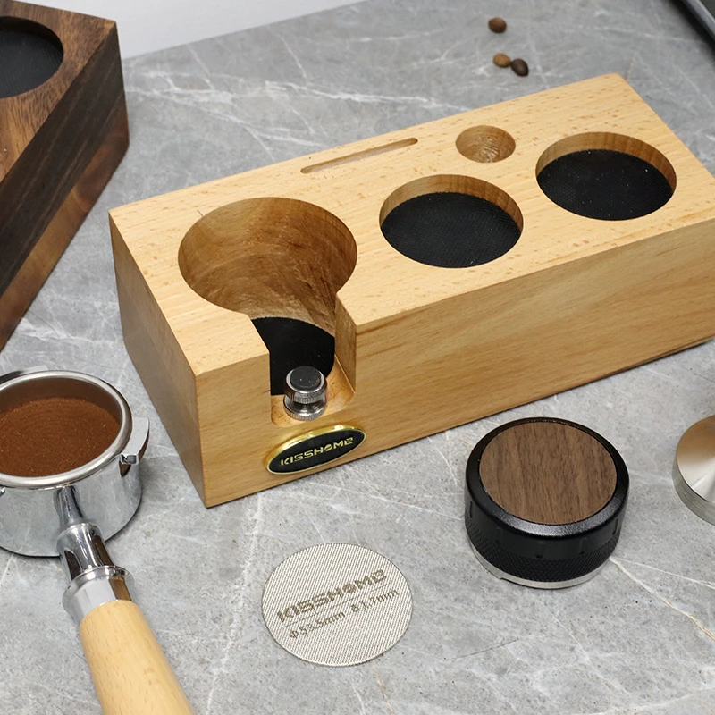 Custom Walnut Wood Espresso Accessories Three Piece Barista Tools Portafilter Distributor Coffee Tamper Filter With Stand Holder