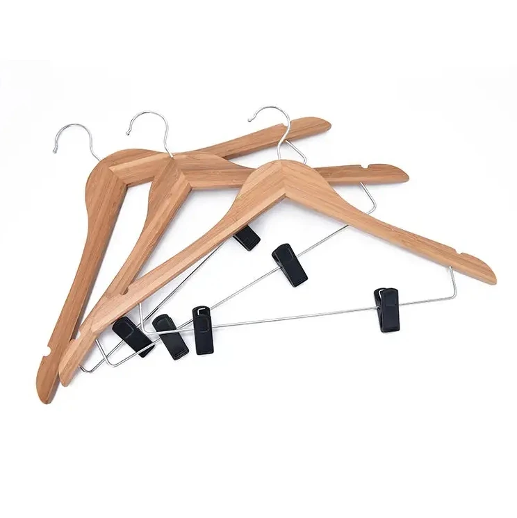 Wardrobe natural wood bamboo clothes hangers wholesale pant hangers skirt hangers with clips