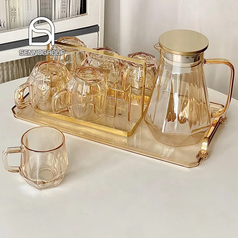 Fancy Drinking Glass Cup Tea Sets with Teapot and Tray Diamond Set Amber Glass Jar