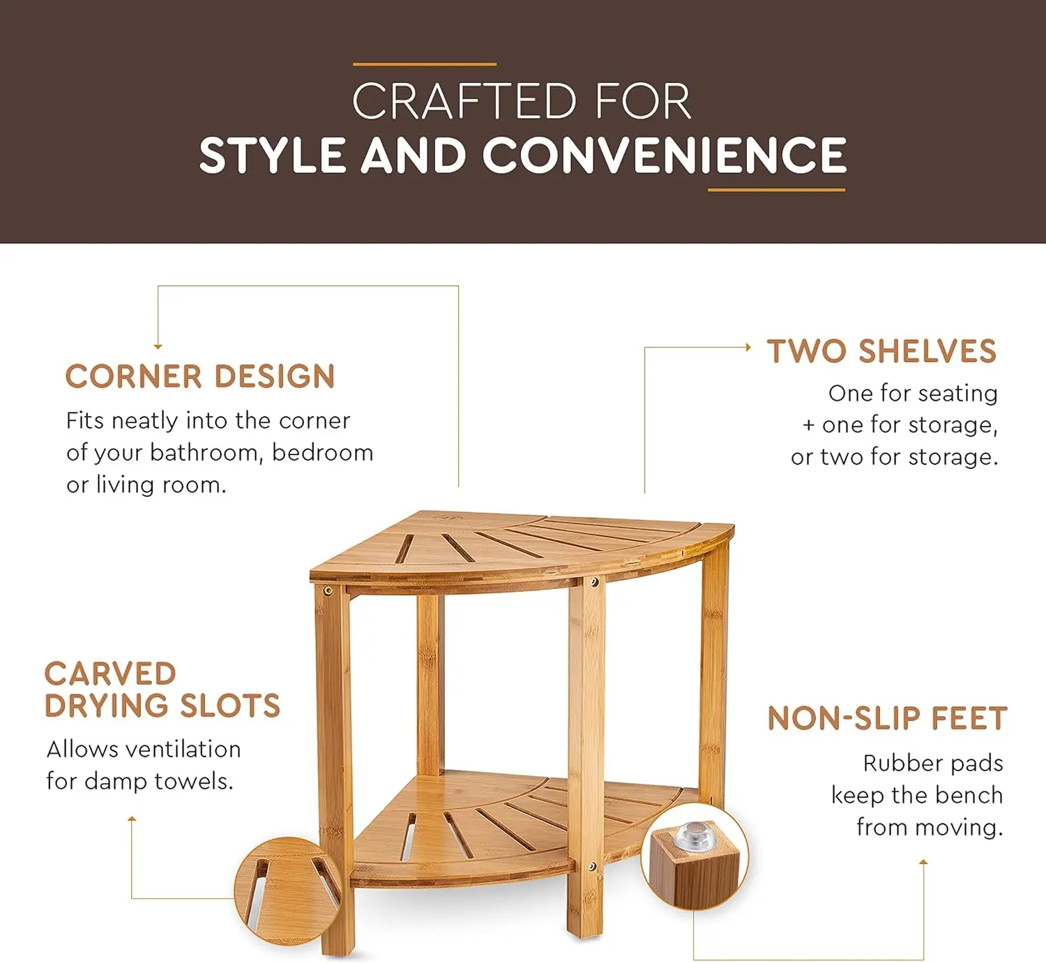 Bamboo Wood Bamboo Corner Shower Bench Spa 2-Tier Storage Shower Bench With Shelf