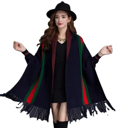 2023 Brand women winter checked shawl scarf plaid blanket stripes poncho with sleeves scarf