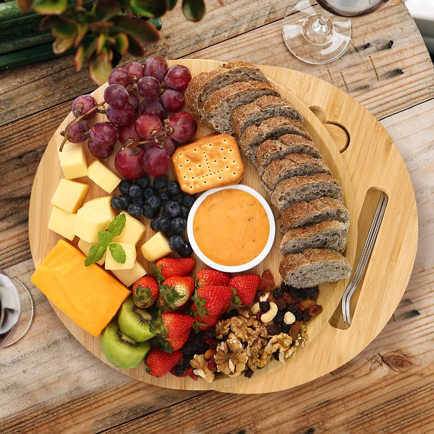 New Arrival 6pcs Knife Set Thick  Natural Round Bamboo Cheese Board with Ceramic Bowls