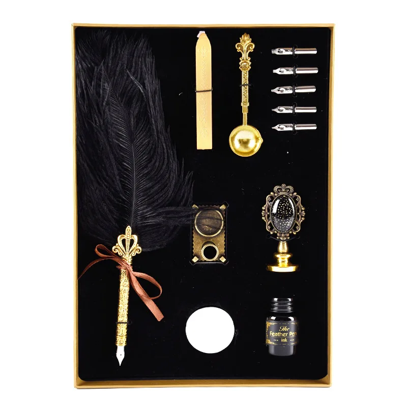 Luxury Fountain Pen Set Natural Ostrich Plume Dip Quill Pen Set Calligraphy Writing Dip Pen