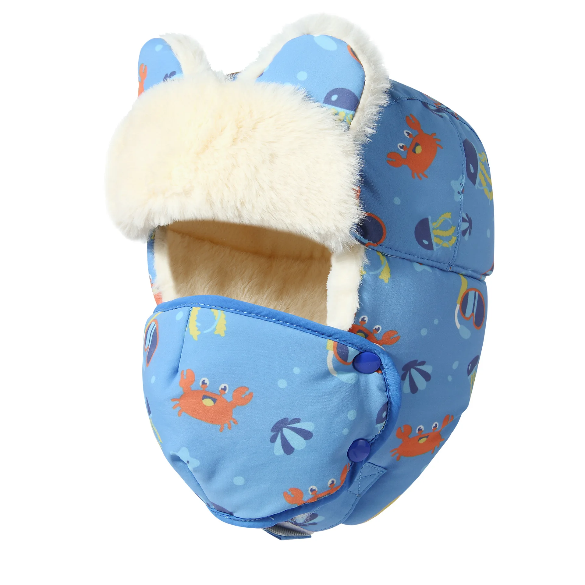 Wholesales Rabbit Kids Outdoor Winter  Furry Warm Trapper Trooper Hat Waterproof Sherpa Earflap Fur Russian Pilot Hat with Mask