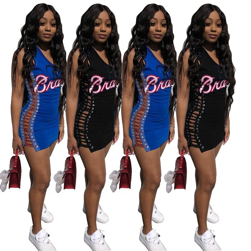 
Hot Selling Summer Band Printing Sexy Hollow Out Sleeveless Women Bodycon Dress 