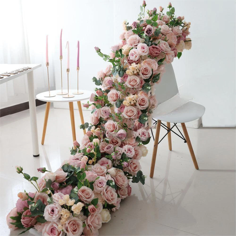 White artificial flower row arrangement wedding table center flower showcase display background long flower decoration