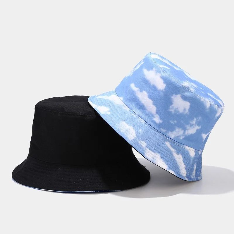 New Blue Sky and White Clouds Fisherman Hat Female Outdoor Leisure Reversible Cheap Bucket Hat Custom logo for Women RTS  Blank