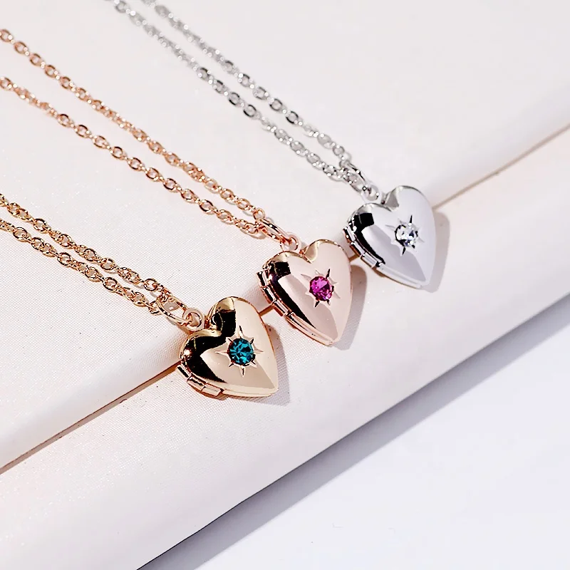 Custom DIY Rhinestone Jewelry Heart Picture Frame Photo Heart Locket Pendant Picture Locket Necklace For Couple Gift Women