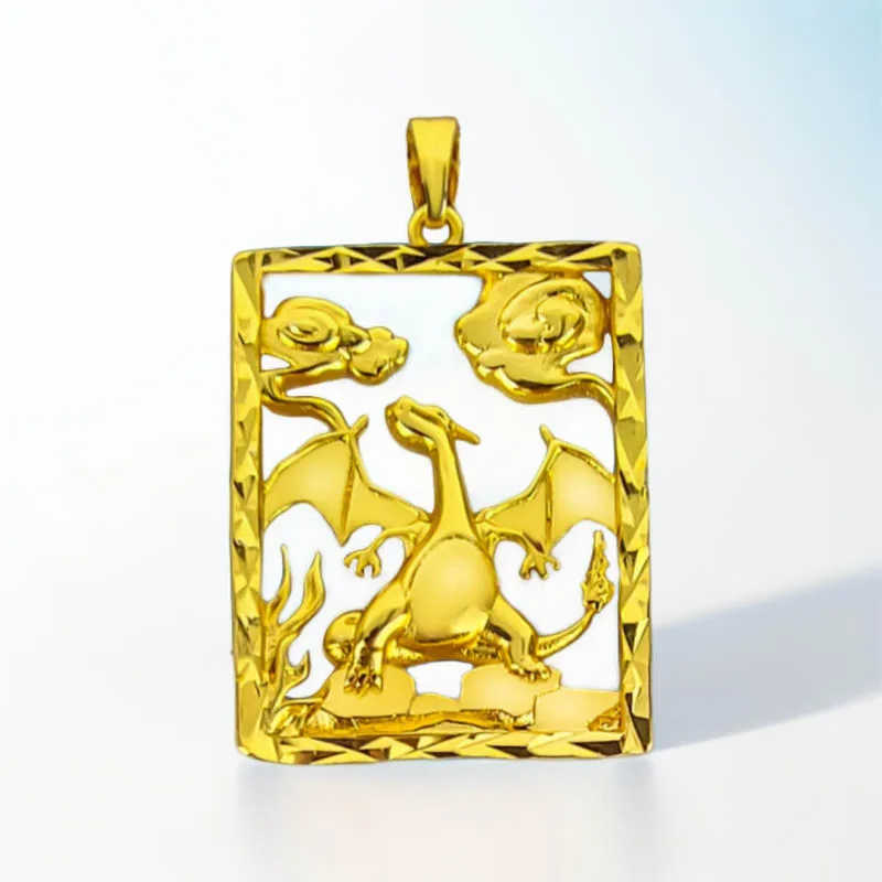 Quare High Quality Hip Hop Fire Dragon Pendant Amulet Brass 18k Gold Plated Classic Domineering Charizard Necklace For Men