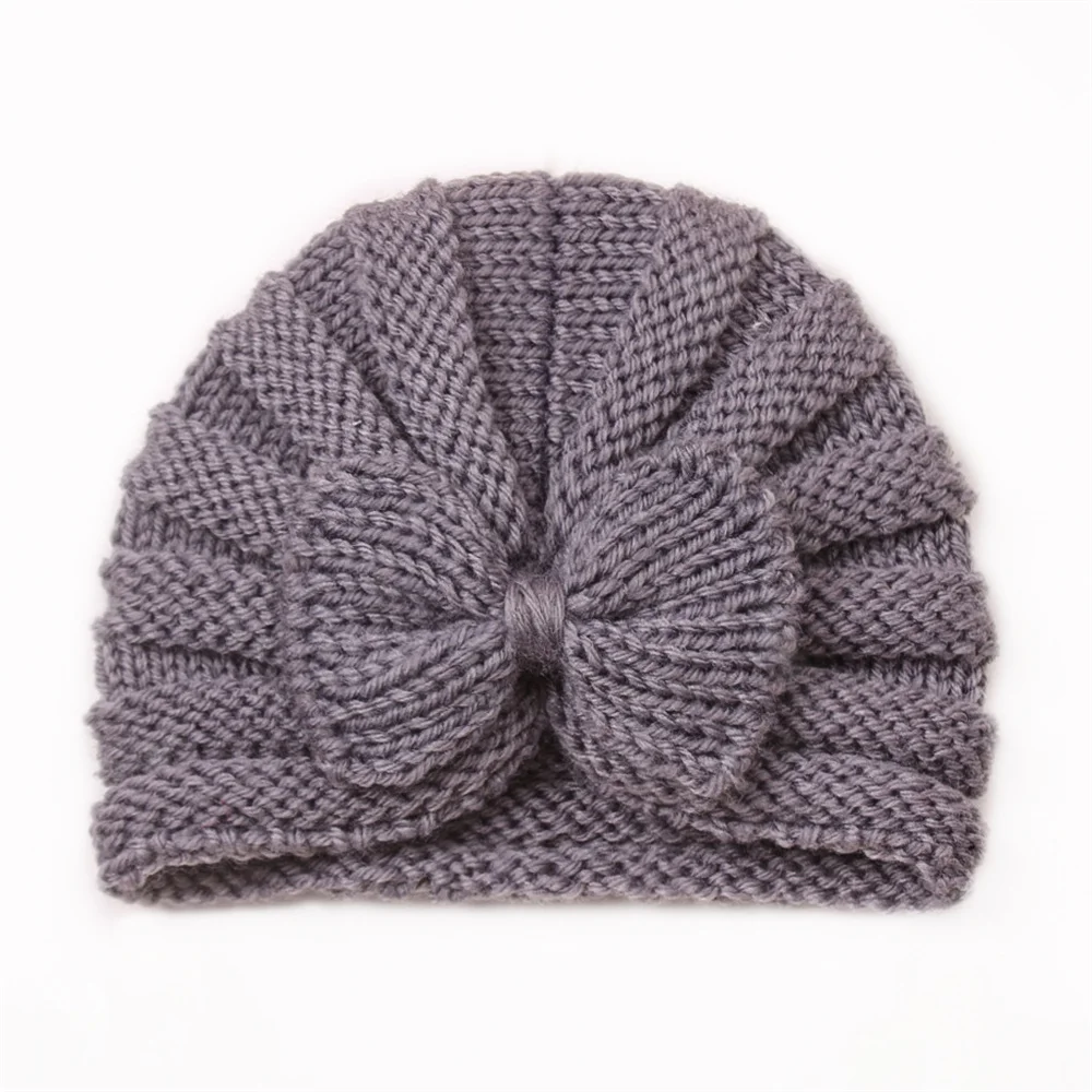 Wholesale Newborn Baby Girl Winter Solid Color Warm Knit Beanie Hats with Knot