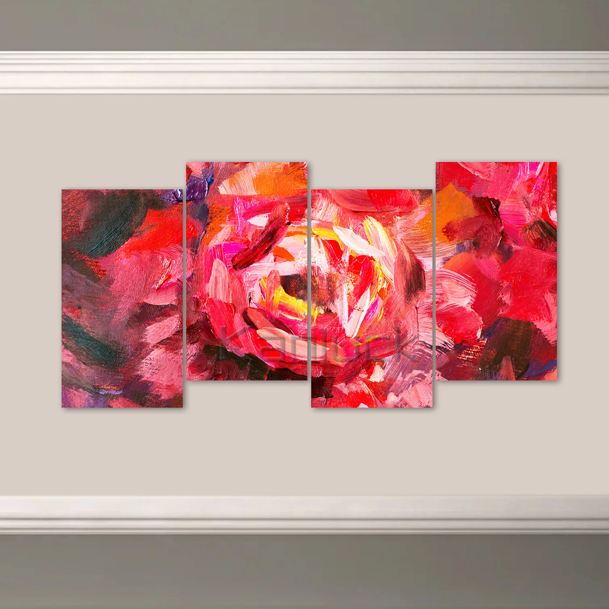 4 Panel  Sets  Hand painted Abstract Red Rose Flower Canvas Painting Wall Art