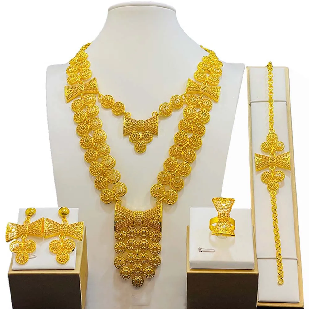 Plated Jewelry Set Women Necklace Bracelet Earrings Ring Fashion Jewelry Sets Gold Alloy 2023 Dubai Trendy Middle East Wedding