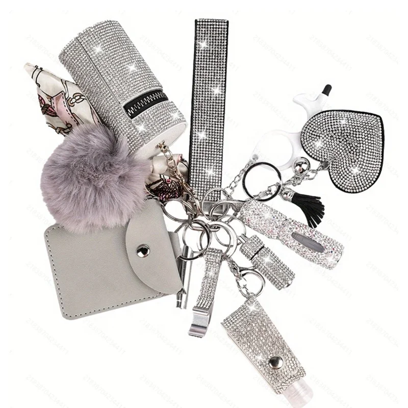 Wholesale Women Self Defense Supplies Rhinestone Bling Personal Self-defense Tool Keychain Set Custom Girl Self Defense Keychain