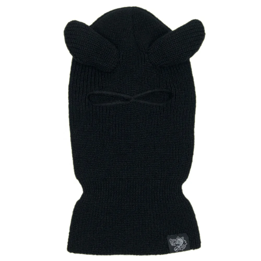 OEM high quality hot sale style acrylic unisex black winter knit ski mask with horns custom woven label balaclava 2 hole