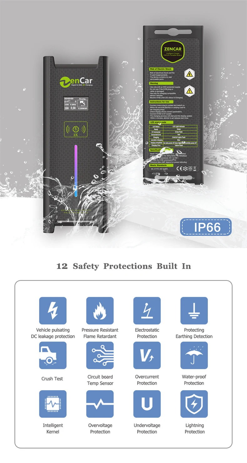 
Zencar J1772 EV charger level 2 EV charging EVSE 16A with Type 1 NEMA 10-30 plug 