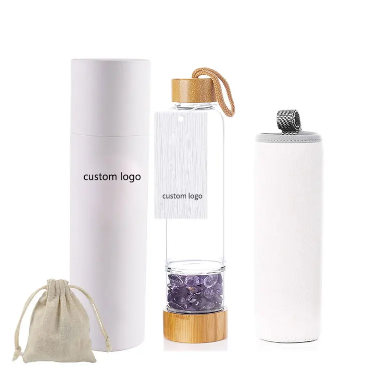 Custom Logo Elixir Gemstone Baby Bottle Glass Rose Quartz Water Bottle With Crystal Inside