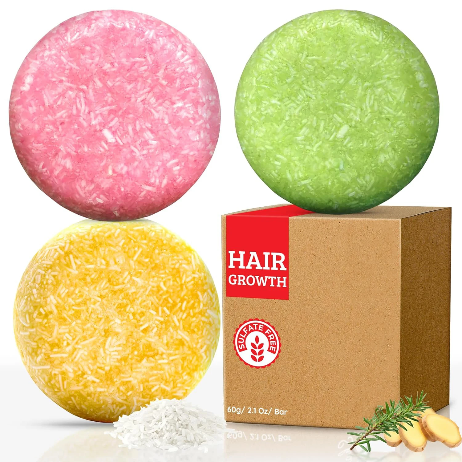 3 Pack Mix Ginger Rosemary & Rice Water - pH Balanced Hair Growth Solid Shampoo Bar Soap