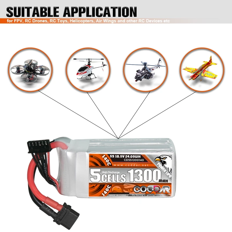 CODDAR RC LiPo Battery 5S 1300MAH 18.5V 140C XT60 FPV Drone Helicopter RC Racing Packs
