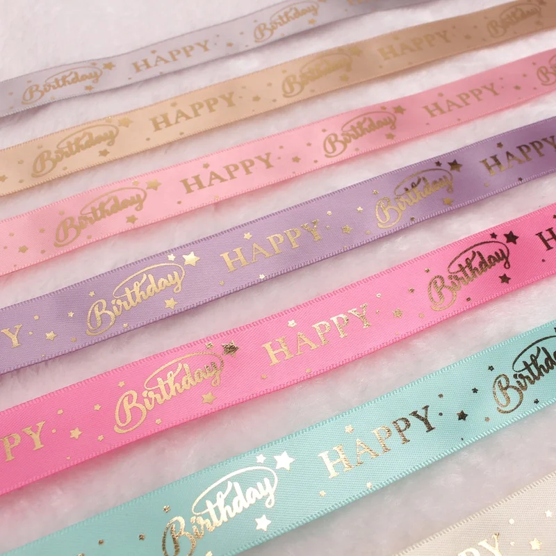 Midi Ribbons Custom Logo Names Roll Sale Double Faced Gold Foil Print Satin Organza Happy Birthday Gift Ribbon