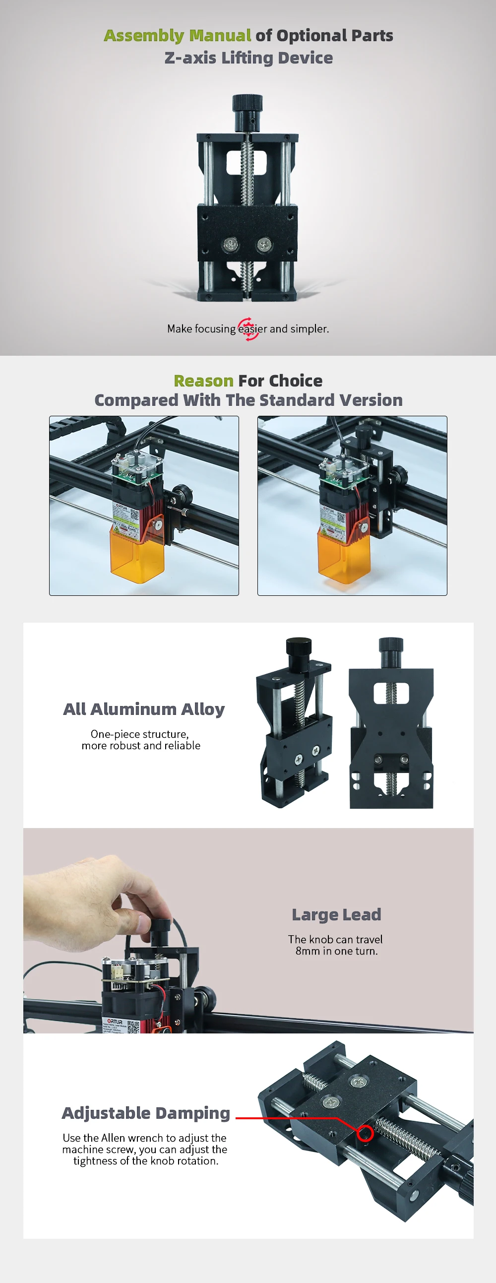 Laser Head Focusing Metal Fixed Mounting Accessory Engraving Machine Laser Head Z axis Slide Way Lifting Adjustable Screw Module