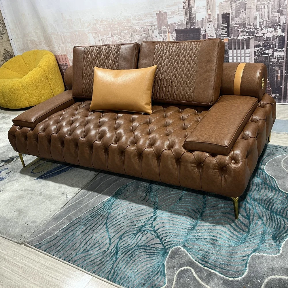 Hotel Lobby Tufted Design Living Room Furniture Buttons Chesterfield 2 Seater Leather Sofa With Golden Metal Legs