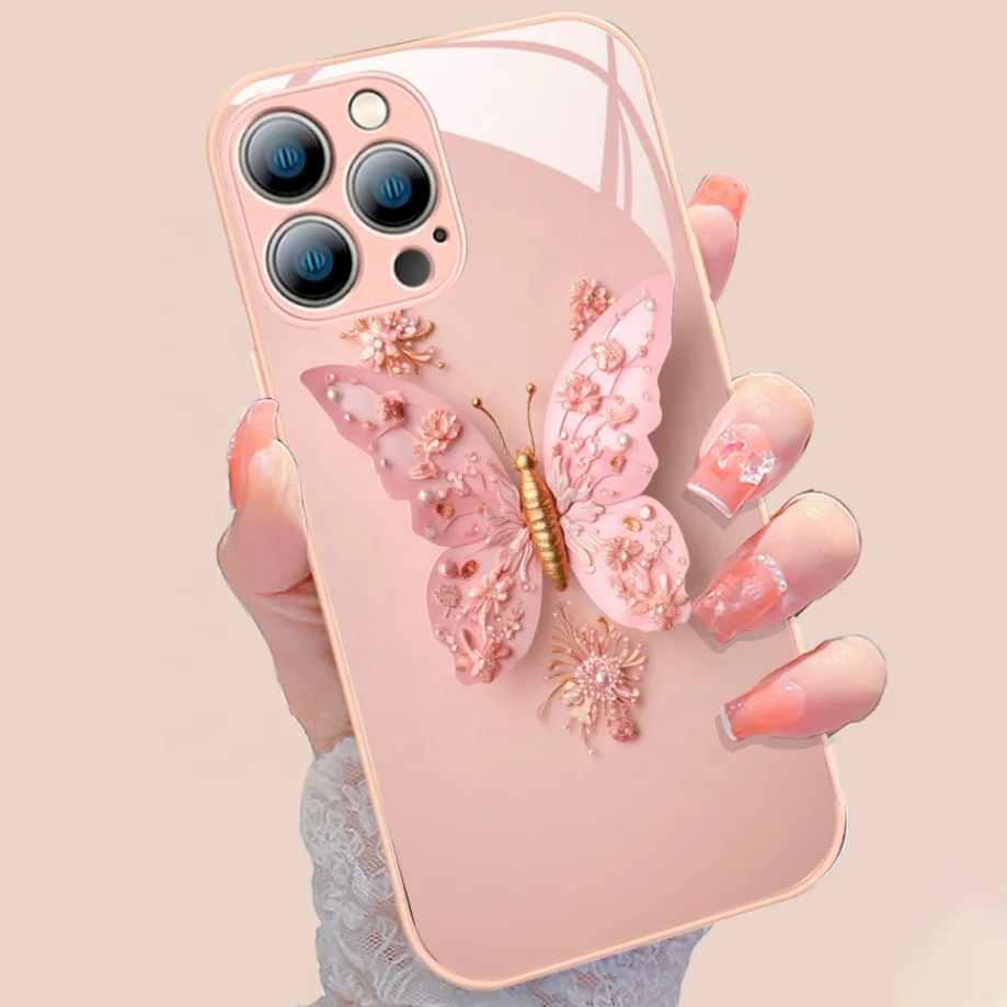 Luxury Flat Butterfly Pattern Phone Cover For Iphone 15 Pro 14 13 12 Pro Max 11 Shockproof Bumper Tempered Glass Case