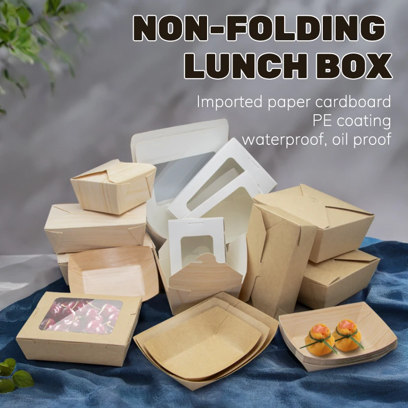 Wooden Stripe Printing Paper Box Disposable Eco Friendly Take Away Food Grade white cardboard Paper Lunch Box