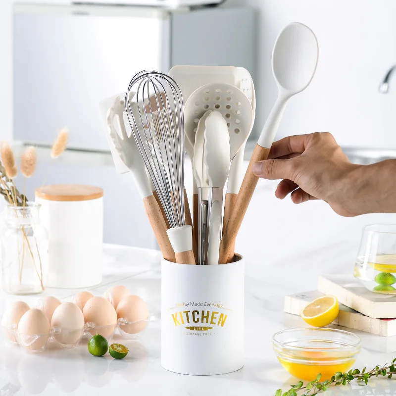 Custom wooden non-stick pan spatula soup spoon handle silicone kitchenware set 10 piece kitchen tools