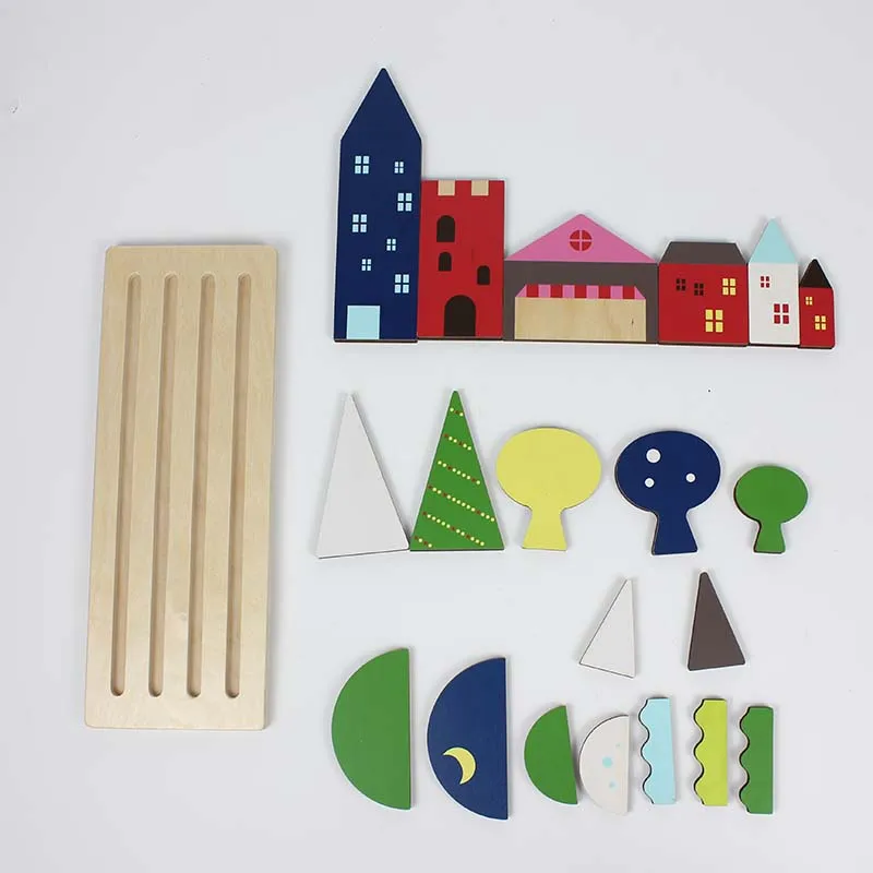 KIU Double Side Different Shapes Wooden Blocks Toys Building Blocks Puzzle Toys Diy Landscape Creative Toys