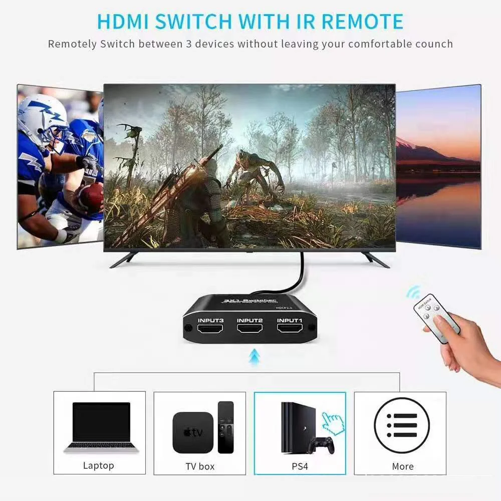 High Speed 18Gbps 4K 3 To 1 HDMI 2.0 Switch Box Converter 4K 60Hz HDR 3 Port HDMI Switch Switcher 3 In 1 Out With Remote