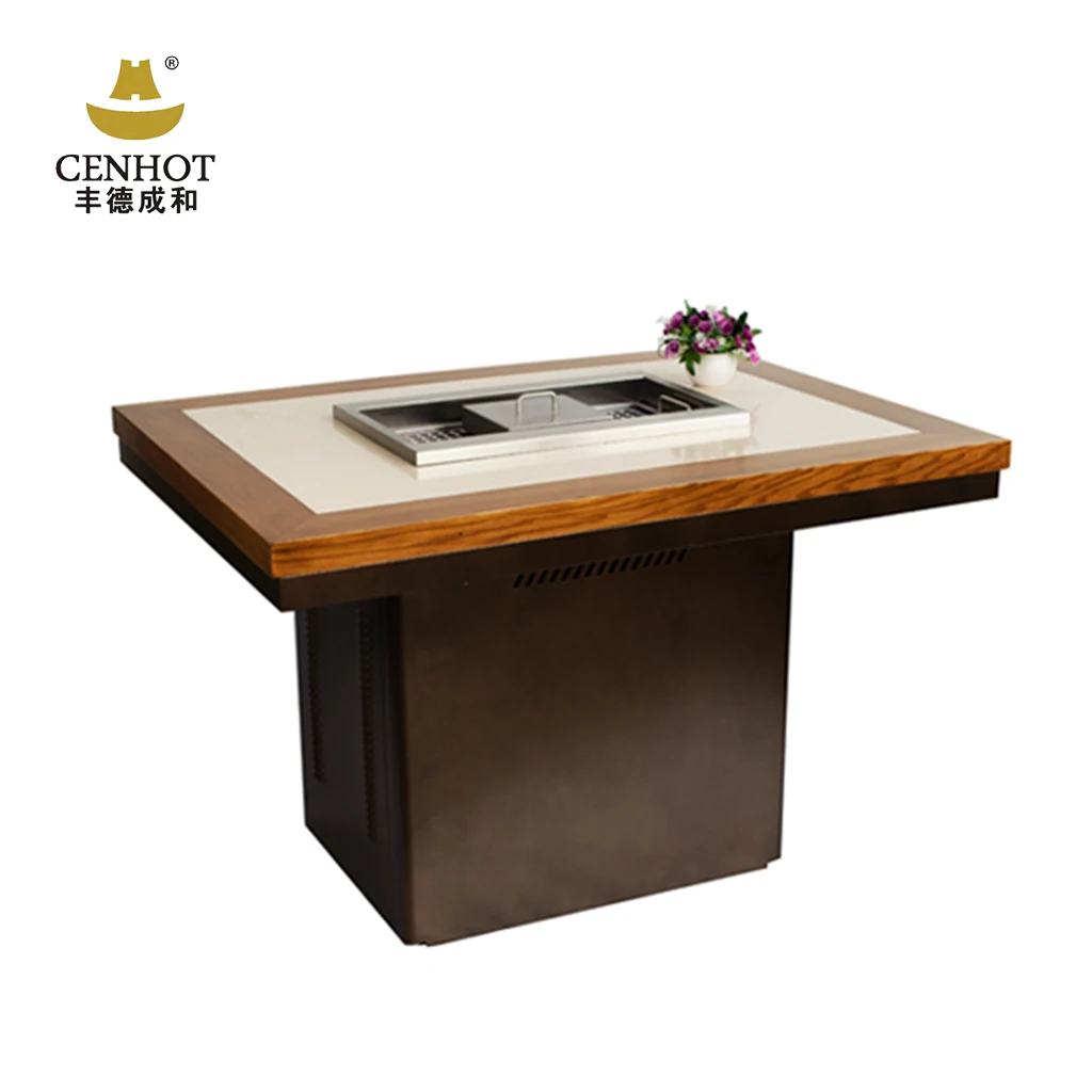 Cenhot Commercial Modern Wooden Granite Marble BBQ Grill And Hot Pot Table For Restaurant