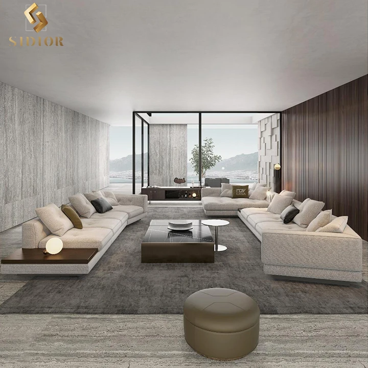 High End Furniture Minimalist Modern Grey Real Leather Sectional Linen Villa 8 Seater Couch Sofa Set L Shaped Corner Sofa Couch