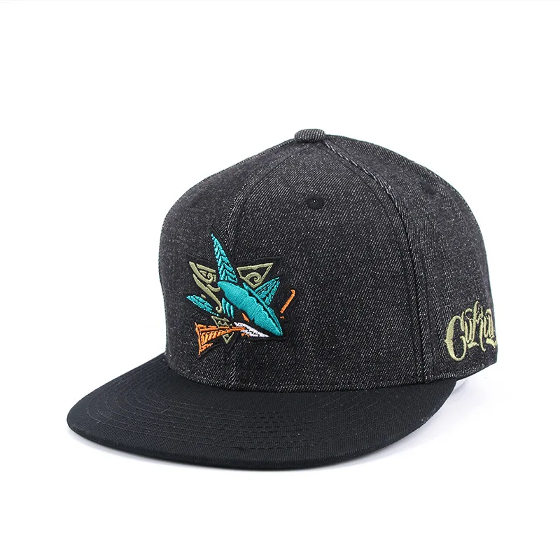 New Top adjustable custom  flat brim embroidered 3d logo patch 6 panel jeans denim snapback hat cap
