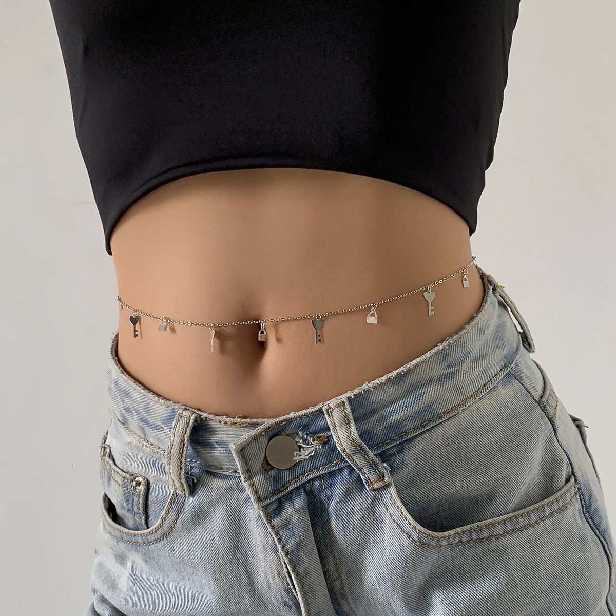 SHIXIN Bikini Lock Key Padlock Pendant Waist Chain Dainty Keychain Beaded Belly Gold Silver Women Body