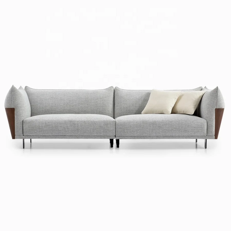 Stylish Design Grey Color Fabric Modern Sectional Villa Sofa with Wooden Armrests