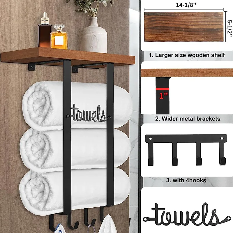 Towel Holder Bathroom Storage with Wooden Shelf and 4 Hooks Rack Wall Mounted for Rolled Towel Organizer