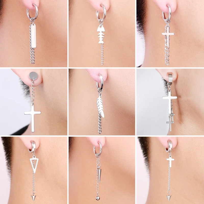 Punk Stainless Steel Chain Hoop Earrings For Women Men Trendy Goth Pop Hip Hop Pendants Ear Jewelry Accessories Earring