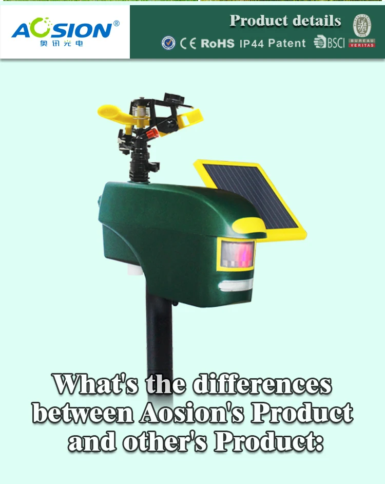 Aosion Outdoor Multifunctional Sprinkler Pir Sensor Deer Birds Dog Repeller Solar Sonic Vibrating Solar Ultrasonic Mouse Snake